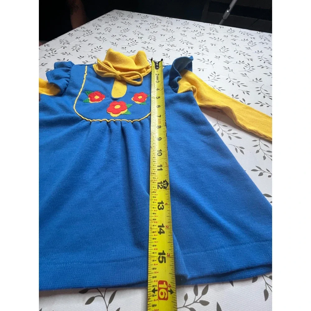 Vintage rare 70s Carters Girls 5 Blue Yellow Floral Ruffle Knit shirt mock neck